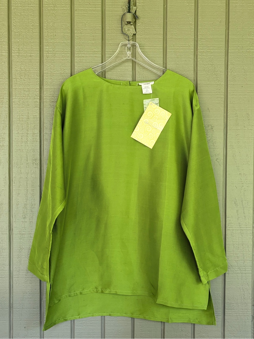 Vintage NWT Cathy Hardwick 100% Silk Tunic Blouse L Chartreuse Green Deadstock